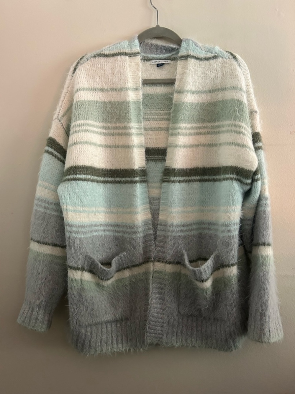 American Eagle Soft Striped Open Cardigan - Green, Blue, & Gray